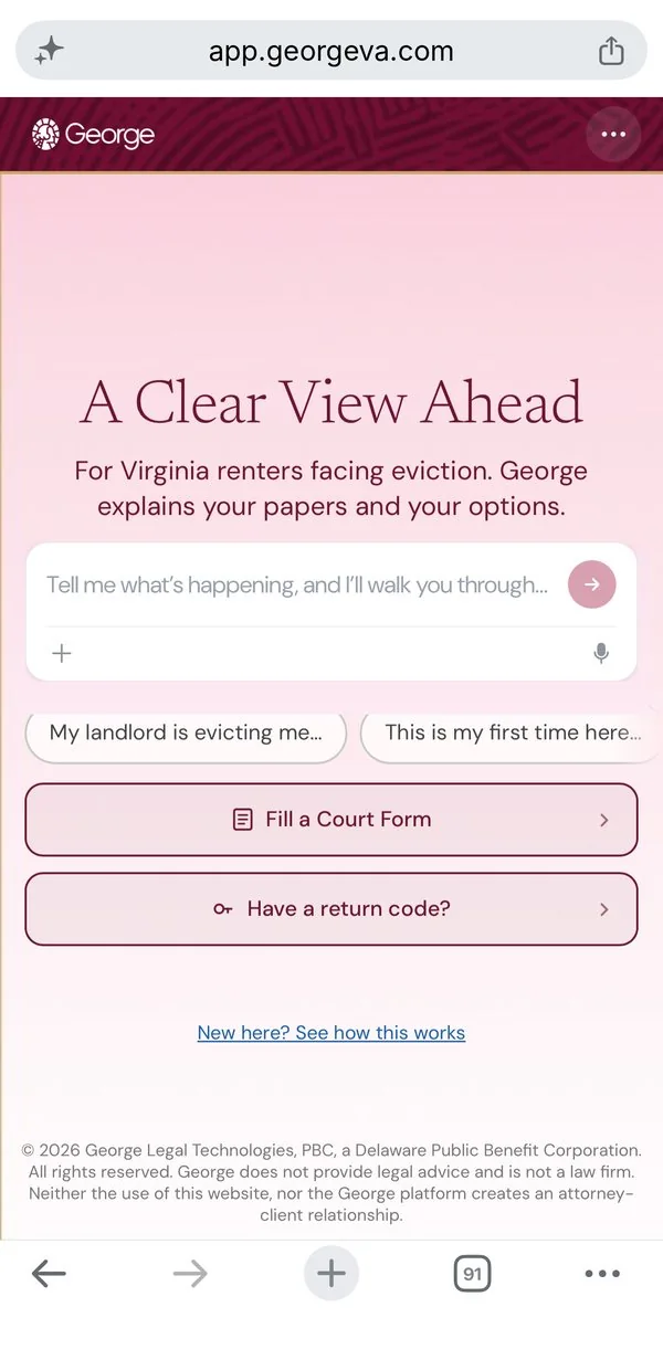 Phone view of the George landing screen: A Clear View Ahead, with Fill a Court Form and Have a return code