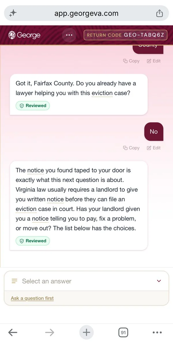 Phone view of the Guided Conversation asking whether a program helps pay the rent