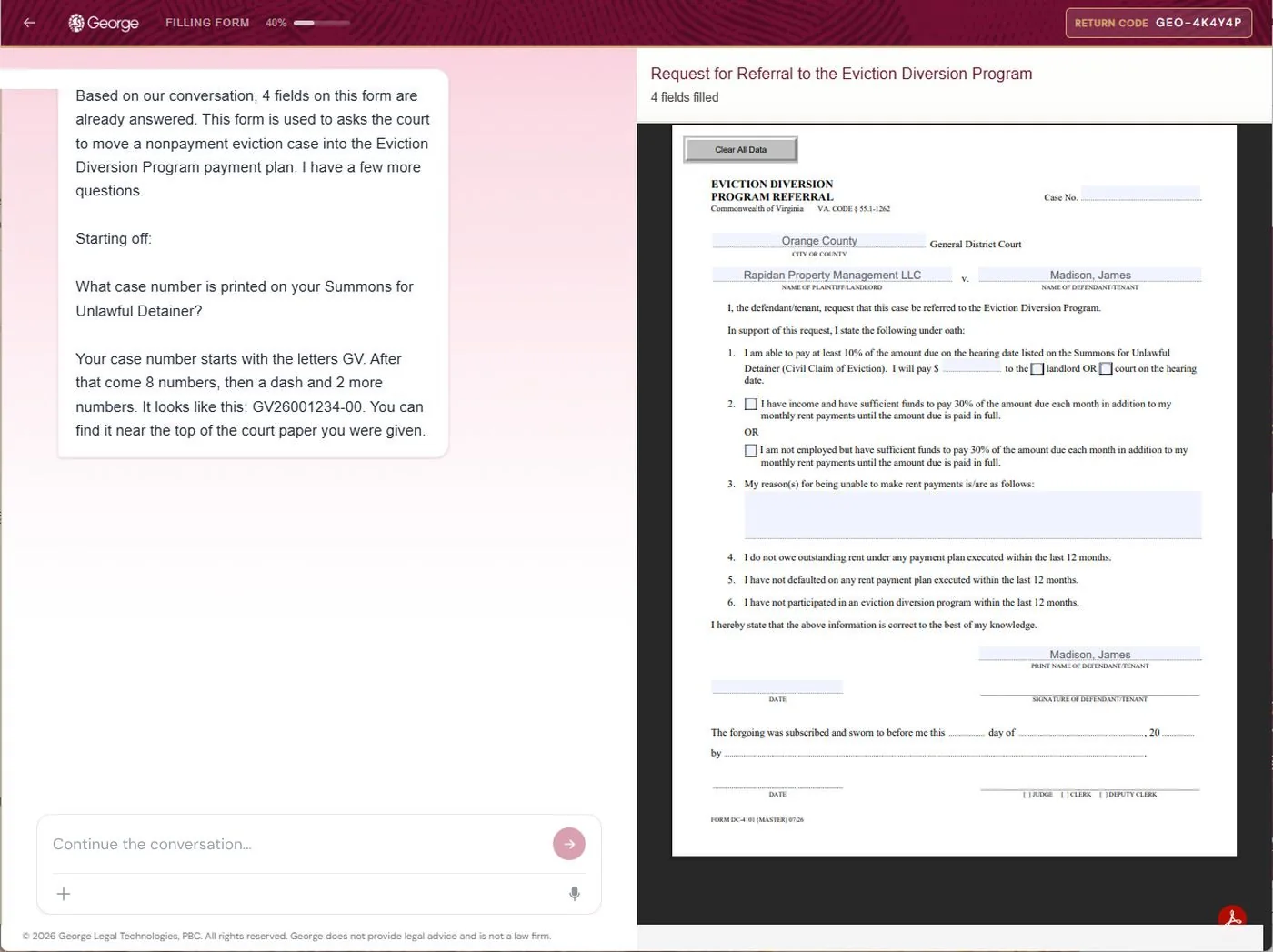 Desktop view of the form filler beside a preview of the Request for Referral to the Eviction Diversion Program